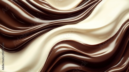 Hyper-realistic vector illustration of luxurious chocolate and vanilla cream swirls, dark cocoa brown fluid waves embracing central ivory space, glossy satin-like texture with subtle highlights,