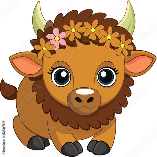 Adorable Flower Crown Bison Illustration