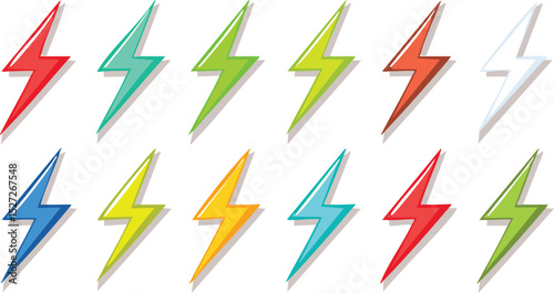 Vector Pattern of Multicolored Lightning Bolt Icons in a Flat Grid Layout Featuring Fiery Red, Turquoise, Yellow, Green, Orange, and Blue with Drop Shadows and Plastic Texture

