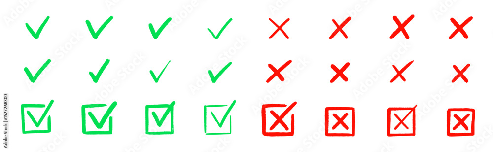 Check tick mark icon set. Cross box x check mark checkbox v list vector draw hand drawn sketch doodle brush marker checklist symbol wrong right circle. Vector Illustration