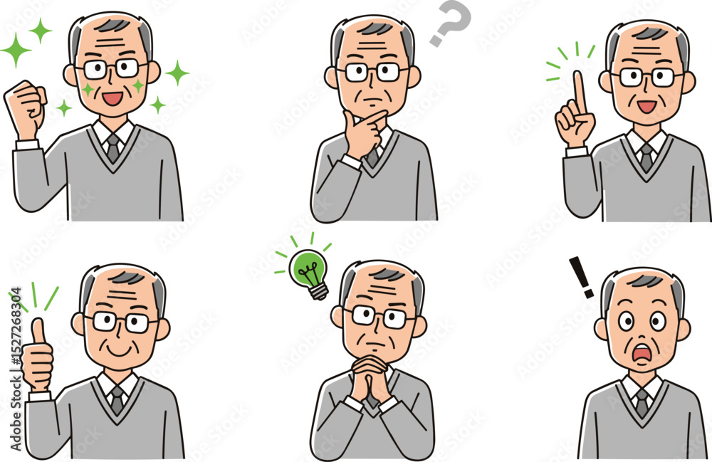 Fototapeta premium 私服の高齢男性のジェスチャーポーズセット