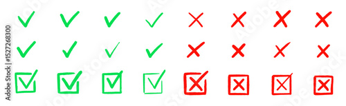 Check tick mark icon set. Cross box x check mark checkbox v list vector draw hand drawn sketch doodle brush marker checklist symbol wrong right circle. Vector Illustration