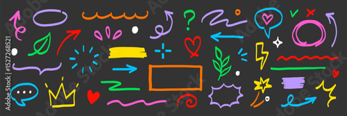 Hand marker line icon color brush element set. Hand drawn colorful sketch underline, arrow, heart shape with playful style. Doodle crown, highlight, pointer and symbol for fun design. Vector