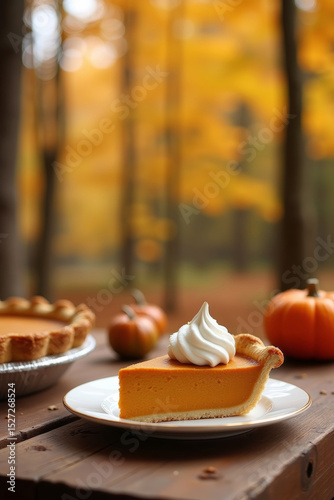 Pumpkin pie slice with whipped cream on table, autumn forest view in rich golden hues, copy space