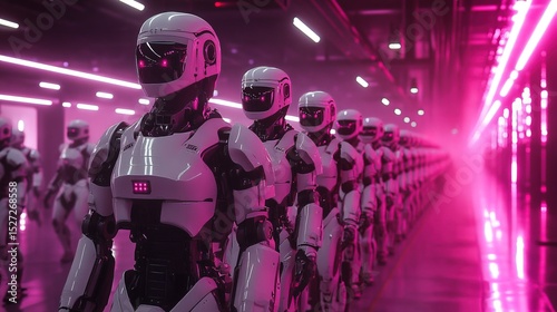 A neon-lit robotic security force assembling in a high-tech room 