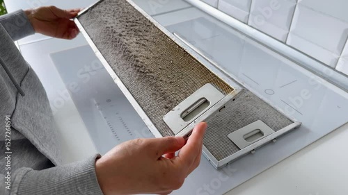 Greasy metallic kitchen hood filter needing deep cleaning. Homeowner hands holding grid, thinking about best way to remove grime, neglected greasy appliance, cleaning dilemma, DIY household chores
