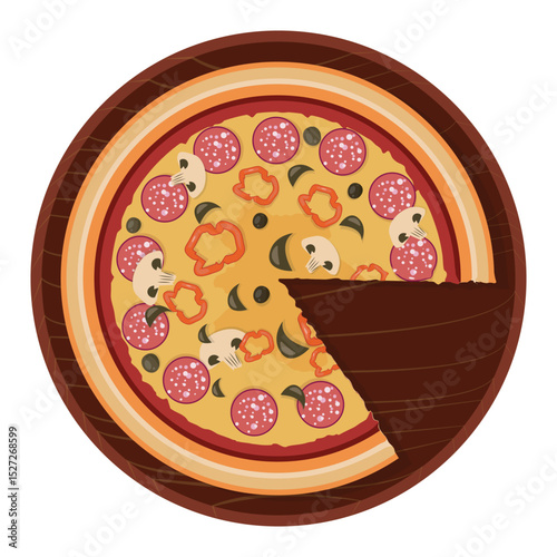 Vector illustration of pizza with sausage, pepper and mushrooms on a wooden plate.

