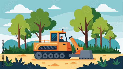 A remotecontrolled mulcher clears out brush and undergrowth in preparation for planting new trees promoting faster and healthier growth.. Vector illustration