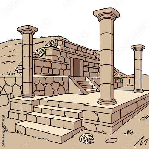 Ancient Ruins of Chavín de Huántar with Lion-Faced Statues and Stone Pillars. Perfect for: Corpus Christi, Chavín de Huántar (Áncash, Peru)