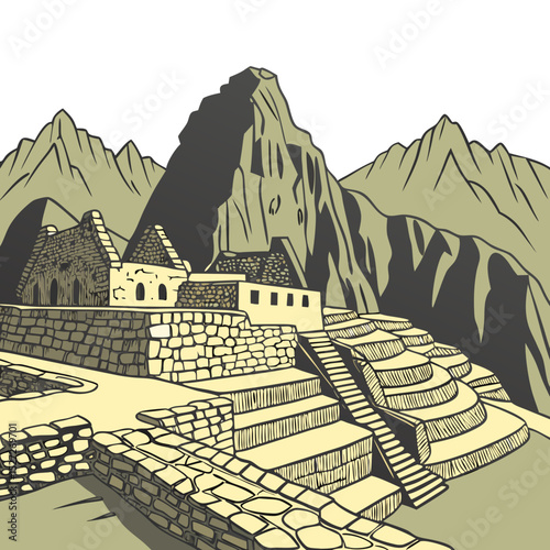Iconic Machu Picchu Ruins with Stone Structures and Mountain Backdrop. Perfect for: Inti Raymi, Machu Picchu (Cusco, Peru)