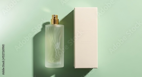 Elegant Frosted Perfume Bottle and Box on Mint Green Background photo