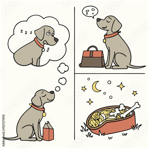 Cute cartoon animal illustration of a happy dog and cat with a bone