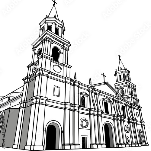 White Cathedral of Arequipa with Twin Towers and Volcanic Scenery. Perfect for: Christmas Eve Mass, White Cathedral (Arequipa, Peru)
