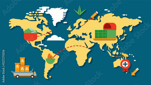 A visualization of key trade routes that have been hindered by sanctions resulting in food shortages in certain areas.. Vector illustration