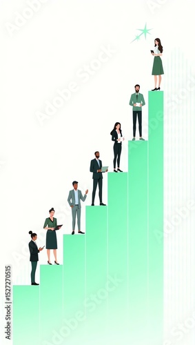 Upward trending green graph with diverse individuals—symbolizing success, innovation, equity, and data-driven growth in a futuristic business world.