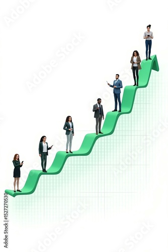 High-res futuristic graph showing diverse individuals on an upward green line—visualizing modern business growth, equity, innovation, and tech success