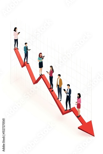 Crisp modern artwork showing economic decline with diverse professionals along a red trendline—perfect for editorial, finance, or business themes