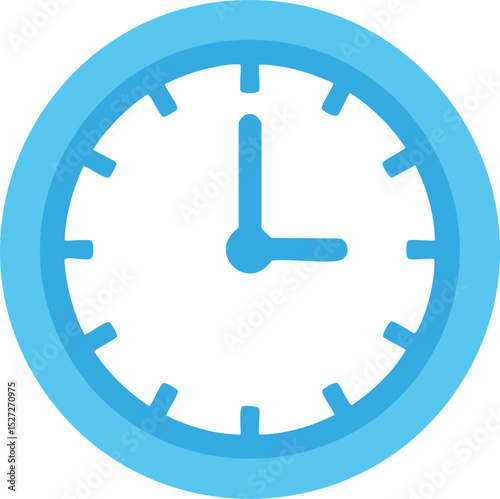 Vector Illustration of a Minimalist Flat Clock Face with Light Blue Hands and Hour Markers on a Clean White Background Indicating Exactly Three O'Clock

