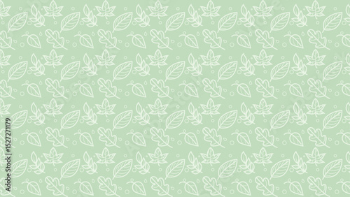 seamless leaves pattern with minimalist line art style and pale color white color on pale green.