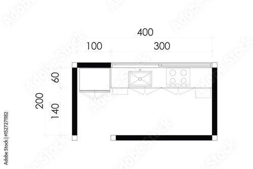 2 dimension floor plan design of kitchen with dimension, line vector black on white background. Set 6