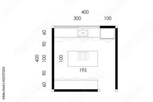 2 dimension floor plan design of kitchen with dimension, line vector black on white background. Set 11