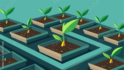 A the rows of empty seedling trays a lone wilted plant struggled to survive a symbol of the unsuccessful attempts to grow crops.. Vector illustration
