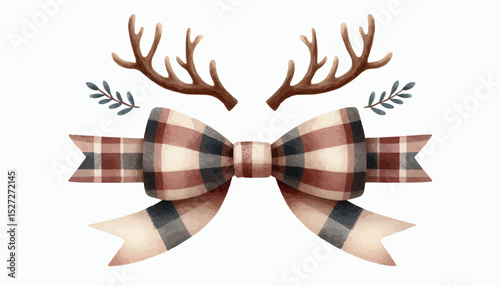 Plaid  ribbon bow tie  with antlers 