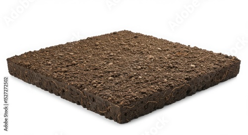 Soil degradation soil sample block close up showing texture and composition for scientific analysis and gardening uses isolated on a white background