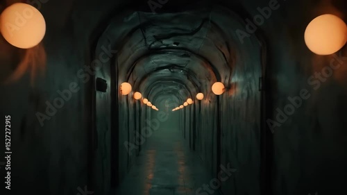 Grimy tunnel lit by dim orange bulbs stretching into darkness  
