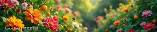 A lush, vibrant garden overflowing with blooming flowers and ripening fruits, symbolizing abundance and the slow, rewarding growth of wealth , life, plants