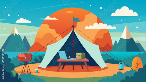 The perfect blend of work and play in a luxurious tent surrounded by breathtaking landscapes and peaceful surroundings.. Vector illustration