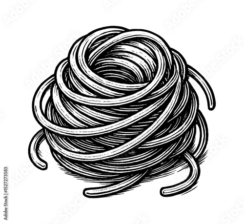 Illustration of pasta spaghetti noodle ball in black and white line art style, food concept