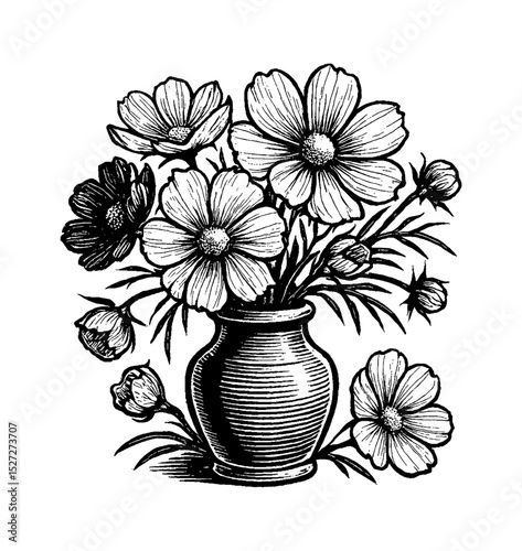Black and White Engraving of Flowers in Vase Still Life Composition Isolated