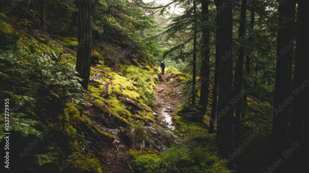 Fototapeta premium A hiker strolls through a lush, mossy forest.