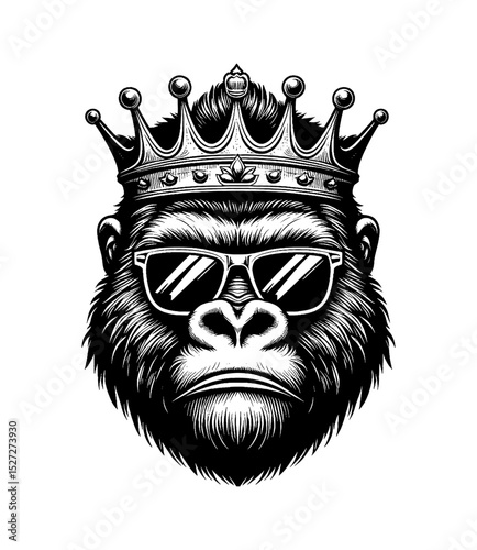 Cool Gorilla Portrait with Crown and Sunglasses in Black and White Detailed Line Art Drawing