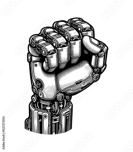Robot hand clenched fist with detailed mechanical parts in black and white illustration