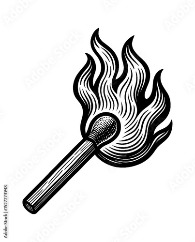 Burning Matchstick Engraved Illustration with Flames in Black and White Line Art Style