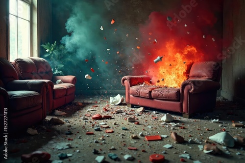 A chaotic scene of overturned furniture, shattered glass, and scattered debris depicts raw, unleashed fury and violence The image conveys a sense of uncontrolled rage and destruction , broken, glass