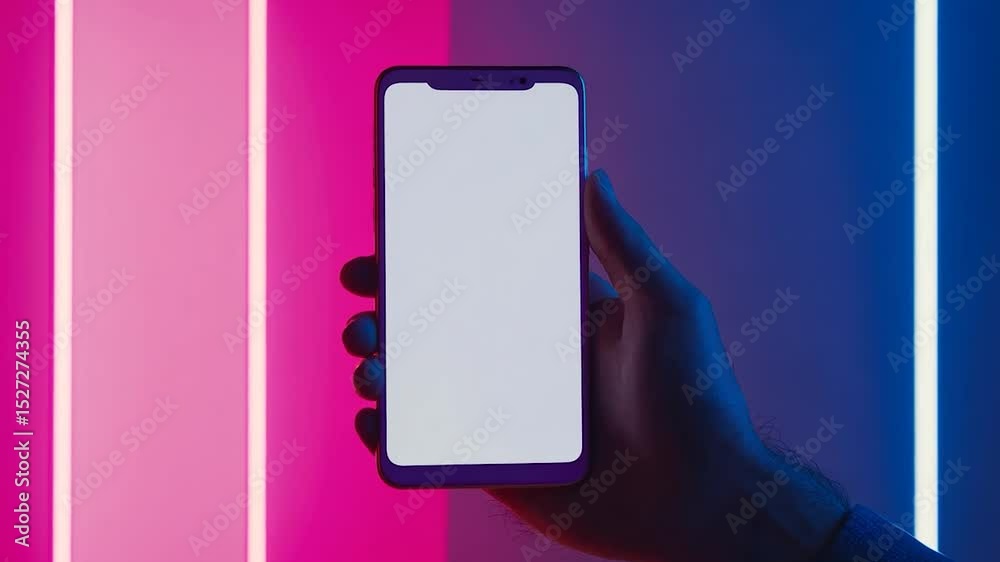 A hand holds a smartphone with a blank screen against a vibrant pink and purple neon light background