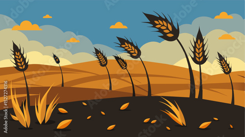 A wasteland of browning fallen wheat stalks their previously golden kernels now blackened and tered on the ground.. Vector illustration