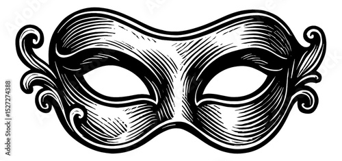 Ornate Venetian Masquerade Mask in Black and White Engraved Style Illustration