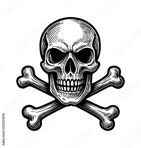 Skull and Crossbones in Black and White Engraved Style Illustration with Detailed Line Art Drawing