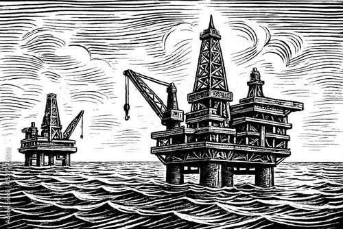 Oil Rig Platforms on the Sea in Black and White Engraving Style Illustration