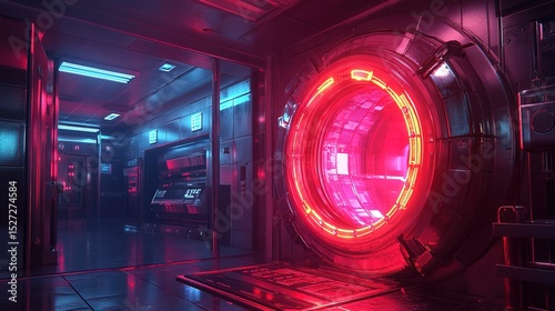 A neon-lit bank vault with a glowing biometric scanner for access 