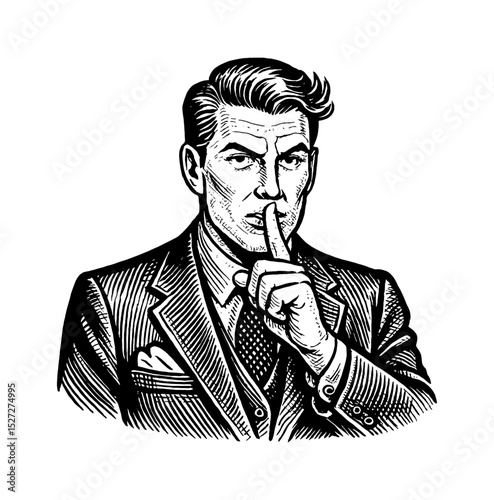 Man in Suit Gesturing Silence in Detailed Black and White Outline Line Art Drawing