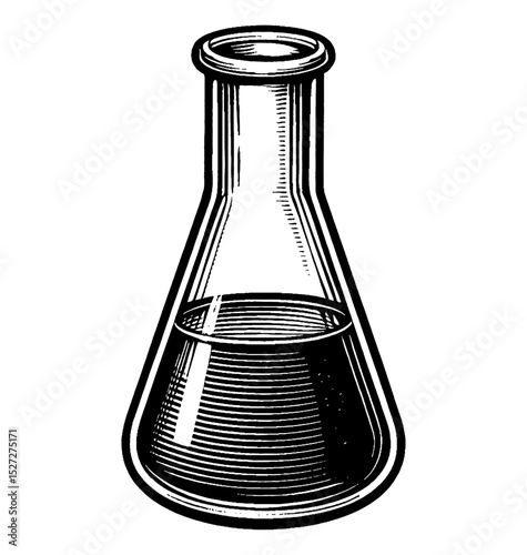 Illustration of Laboratory Flask with Liquid in Black and White Engraving Style