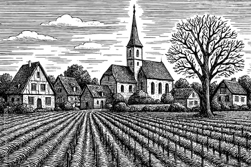 Engraved rural landscape with church, houses and vineyard in black and white detail