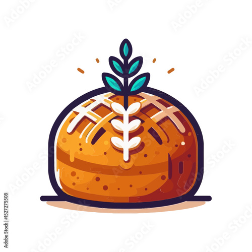 A baked bread loaf with a decorative crust and green leaves. Useful for websites or blogs about baking, food, harvest, or traditional cuisine.