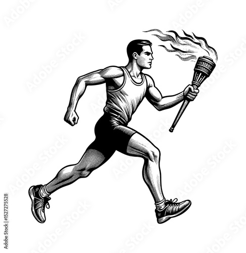 Athlete Running with Torch in Black and White Engraved Illustration Side View Sport Competition