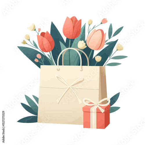 This image of a gift bag filled with tulips and a small present box is ideal for websites and blogs about spring celebrations, Mother's Day, birthdays, floral gifts, and special occasions.

